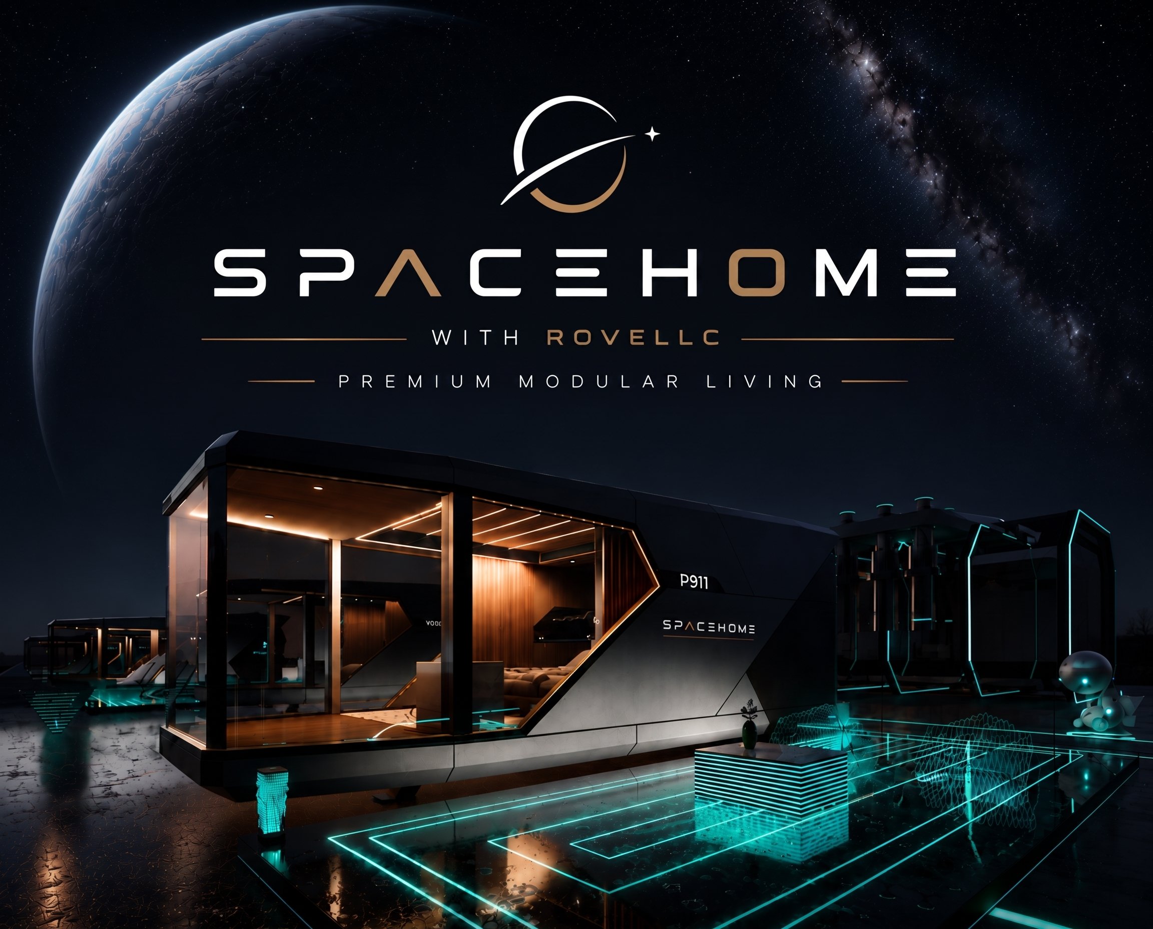 SPACEHOME Wohnkapsel P911 bei Nacht mit türkisen Lichtlinien, Planet und Milchstraße