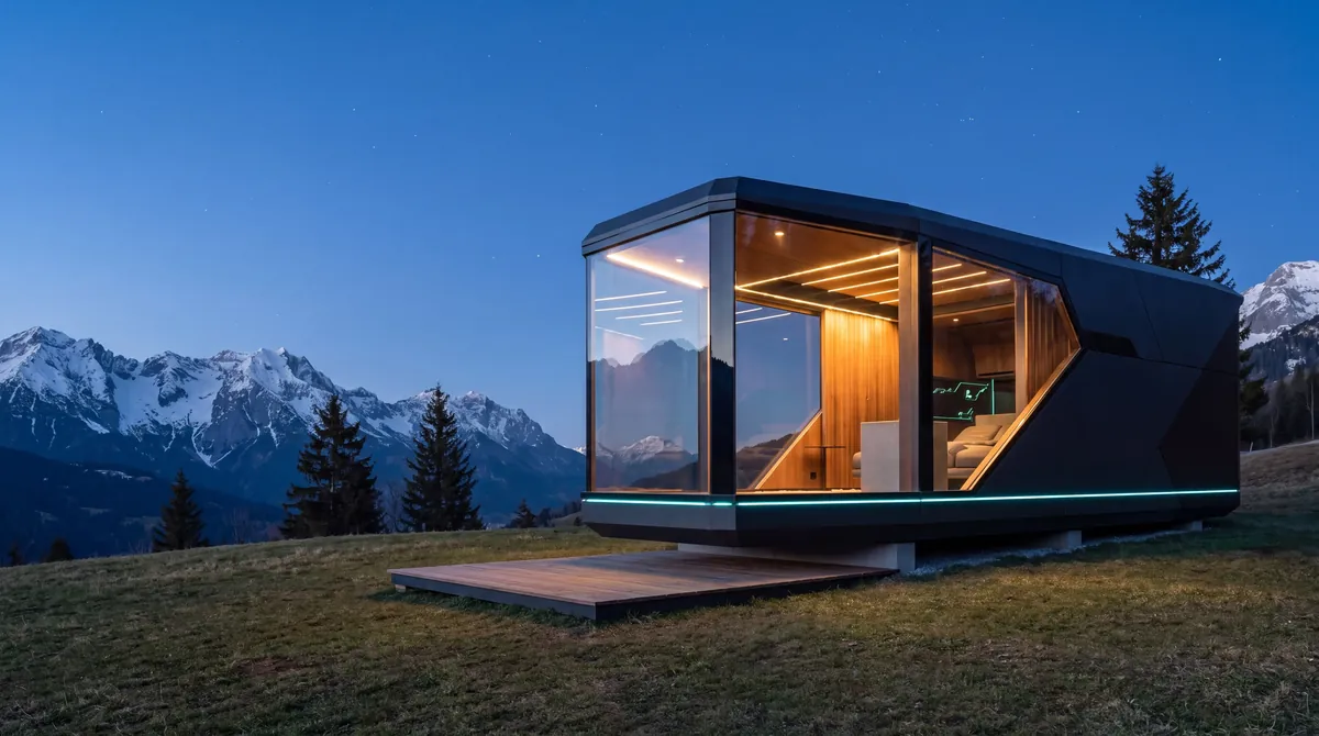 P911 auf einer Almwiese in Tirol mit Holzdeck, zur Blauen Stunde