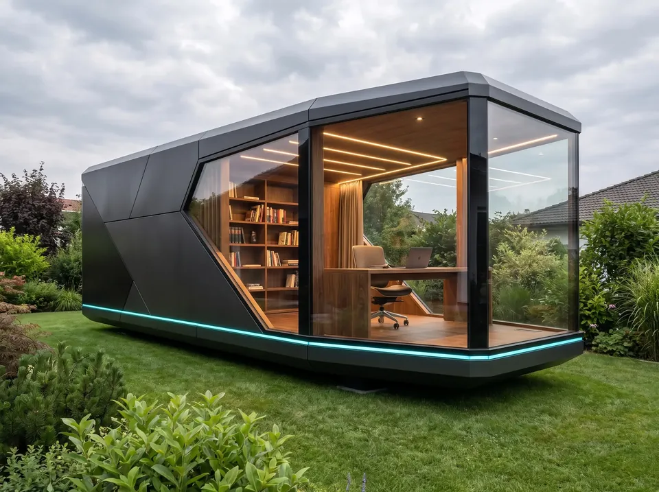 P911 als Büro mit Schreibtisch und Bücherregal im Garten