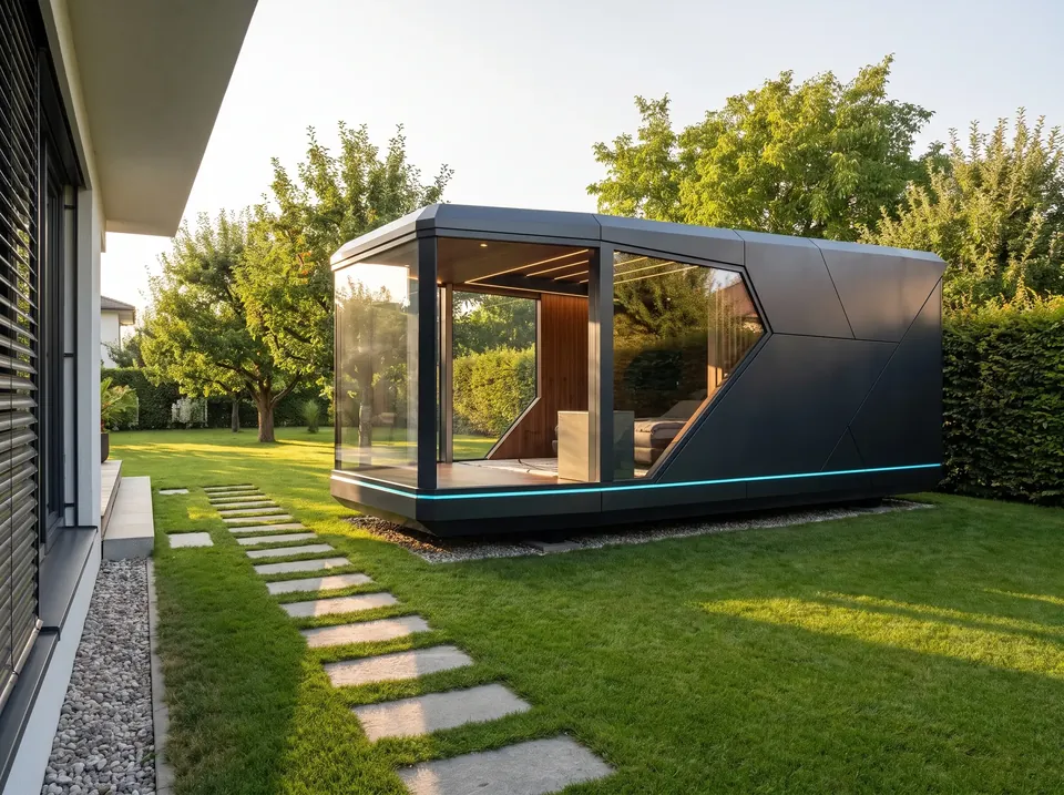 P911 als Gästehaus im Garten eines Einfamilienhauses