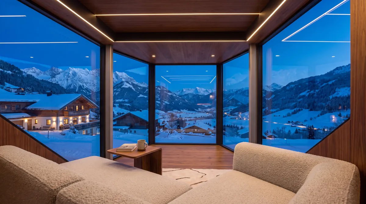 Lounge in der Kapsel mit Holzdecke und Panoramablick auf verschneite Alpen