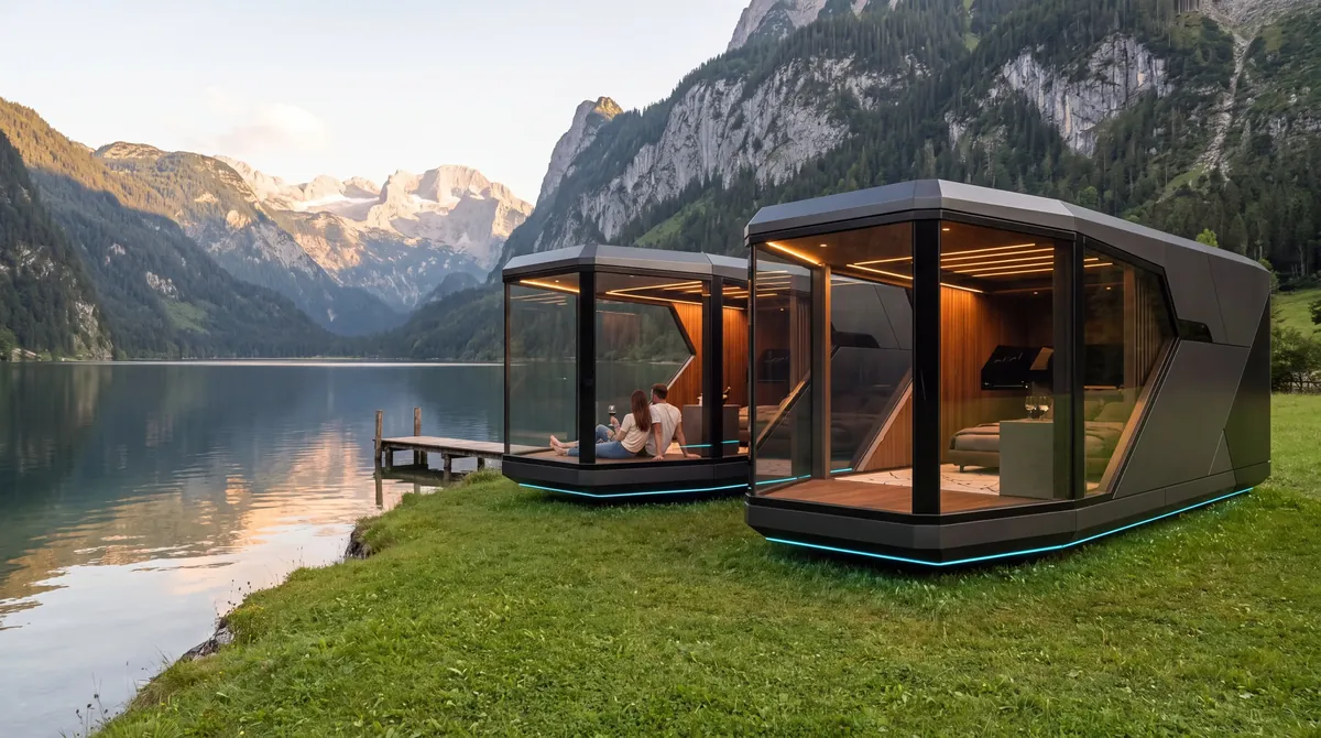Zwei Kapseln als Ferienunterkunft an einem Bergsee im Salzkammergut